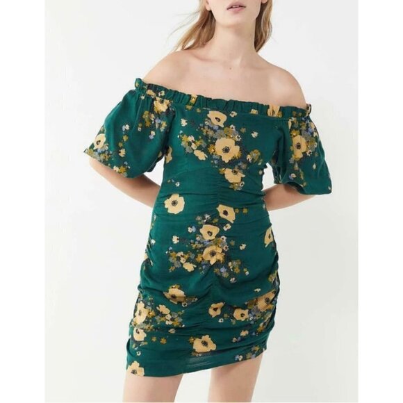 Urban Outfitters Floral Puff Sleeve Off The Shoulder Ruched Mini Dress Green 2 - Picture 1 of 11